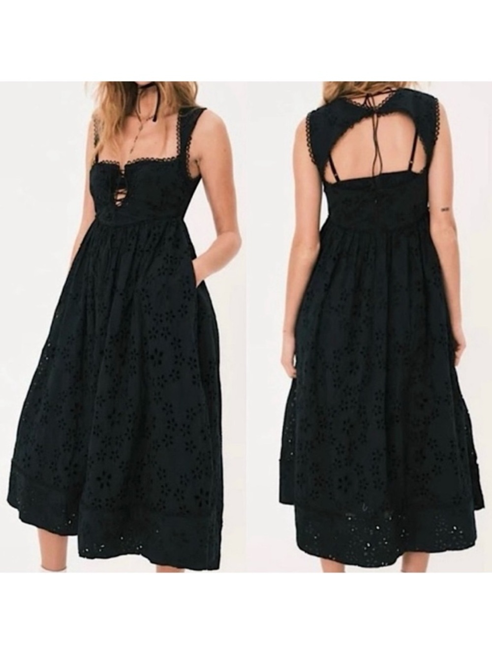 For Love And Lemons Nicola Eyelet Lace Up Midi Dress Size XS NWT Solid Black - Picture 4 of 10